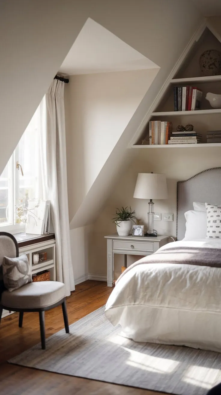 Ascend to your attic bedroom, a haven where a calming neutral palette meets ingenious storage, transforming the space into a serene and organized retreat that effortlessly blends style and practicality.