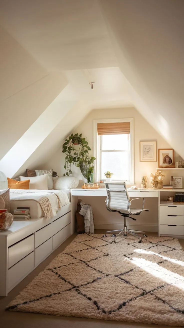 Sunlight streams into your charming attic bedroom, where clever storage melts seamlessly into a serene, neutral palette. Functionality dances with style, crafting a perfect retreat for both focused work and blissful relaxation.