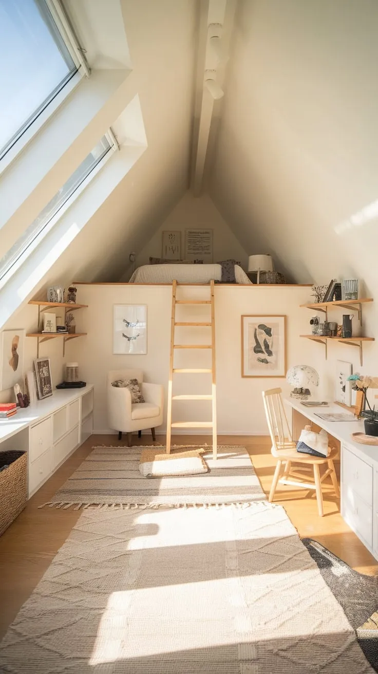 Imagine yourself in this attic bedroom, a masterclass in space optimization. The room breathes with a tranquil air, its seamless blend of comfort and functionality achieved through ingenious storage that makes the most of every nook and cranny.
