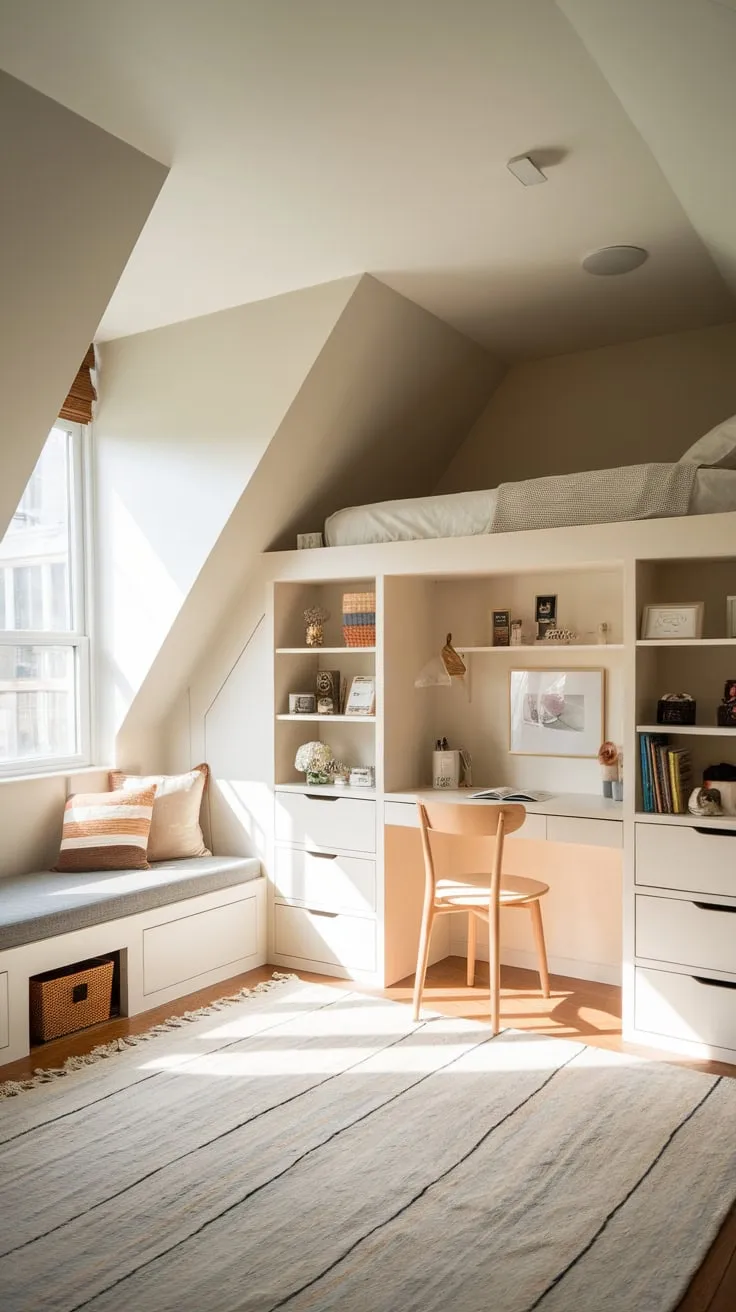 This beautifully designed attic bedroom showcases clever storage solutions with its loft bed and built-in shelves, creating a serene and organized retreat.