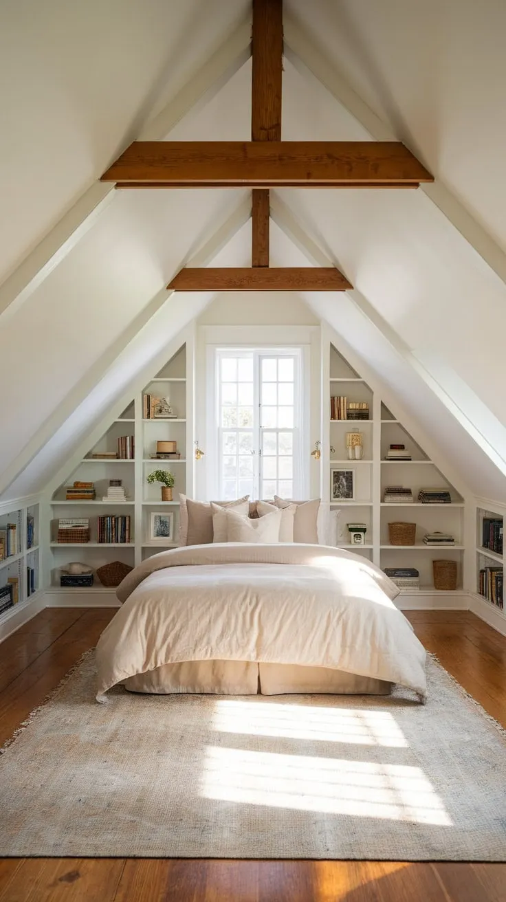Sunlight streams through the dormer window, illuminating the exposed beams of your attic bedroom, a haven where clever storage solutions blend seamlessly with inviting textures, beckoning you to unwind and dream.