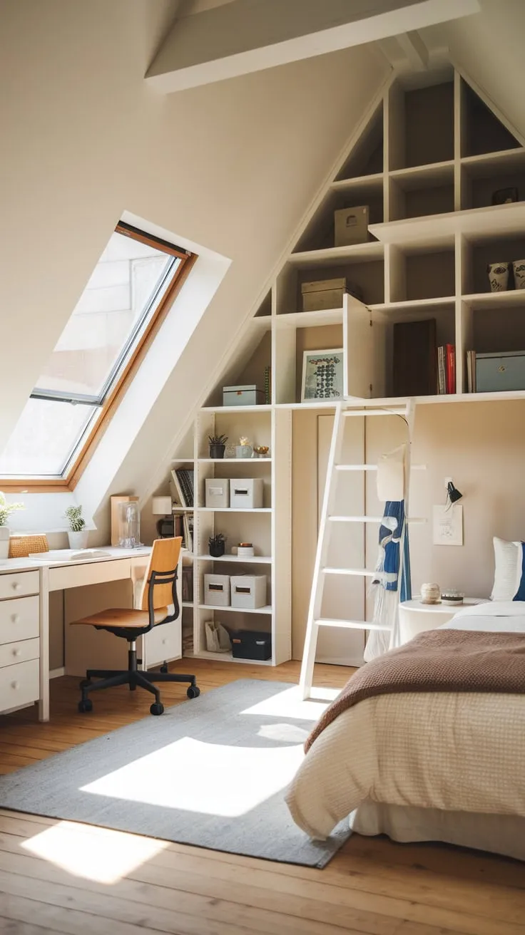 Imagine retreating to this attic bedroom, a haven of comfort and ingenious design. Notice how clever storage solutions are seamlessly integrated, transforming the space into a functional and serene sanctuary just for you.