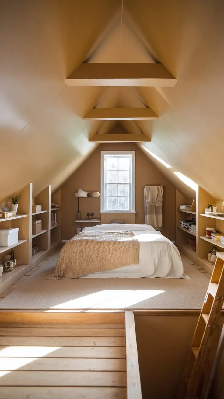 Step into the attic bedroom, where warm beige hues embrace you and ingenious storage melts seamlessly into the design, creating a cozy sanctuary that whispers of both stylish escape and practical living.
