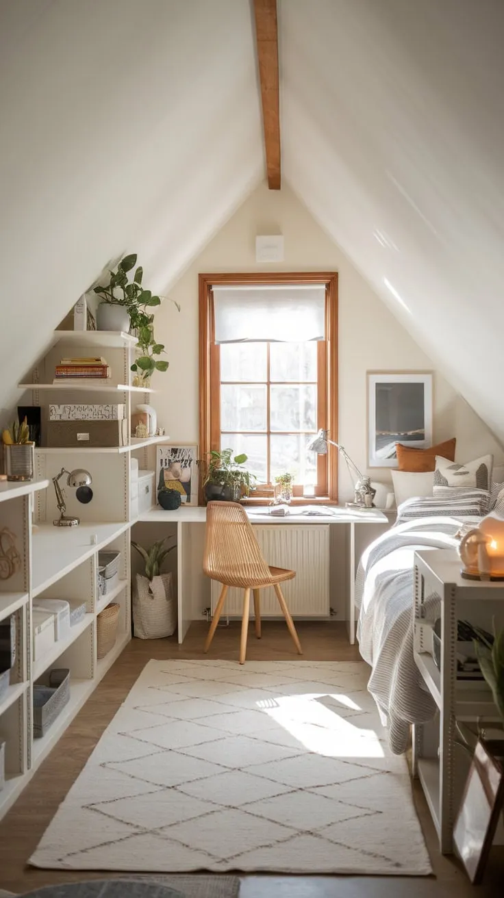 Step into your attic bedroom, a haven where style dances with purpose. Cleverly concealed storage melts into an inviting neutral palette, transforming the space into your personal sanctuary, ripe for creative bursts and tranquil escapes.