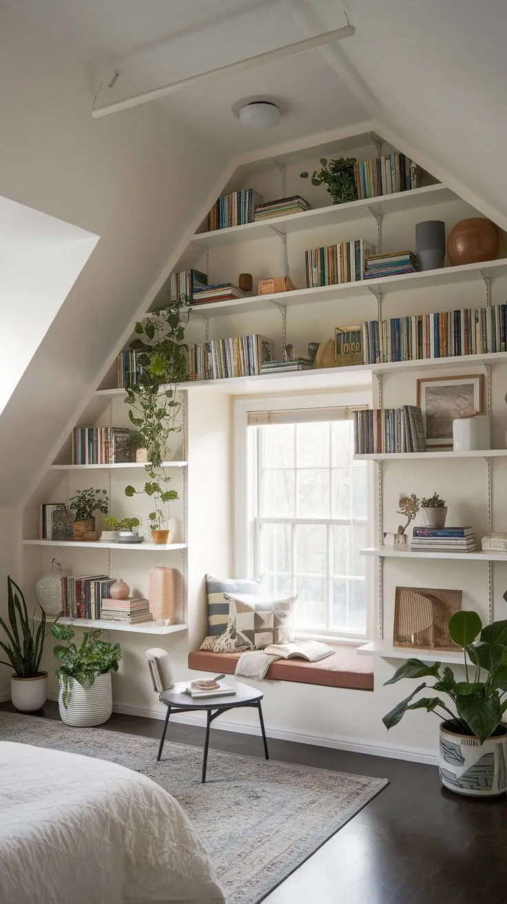 Unleash the potential of your attic with these inspiring attic storage ideas! This attic bedroom boasts ingenious attic storage solutions, from the custom-built attic shelving and space-saving storage in the loft bed to the thoughtful under-eave storage.  Smart bedroom storage ideas, including storage bins for attic and bedroom storage furniture, maximize every inch.  This is attic organization at its finest, a perfect example of attic space utilization and creative attic storage, offering a wealth of bedroom storage options for even the smallest spaces.