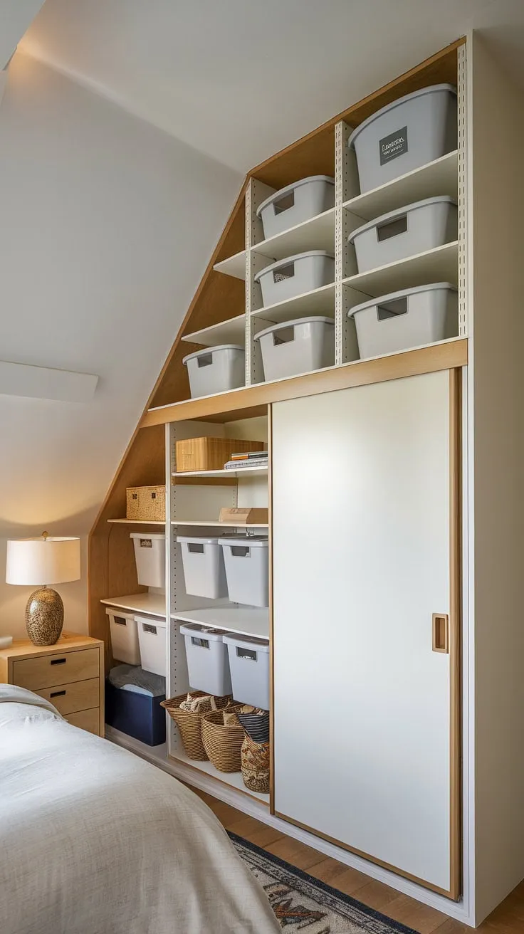 Maximize your attic's potential with these ingenious attic storage solutions.  This attic bedroom storage design cleverly utilizes under-eave storage, incorporating attic shelving and a custom attic closet for efficient attic organization.  Storage bins for attic items keep everything neat and tidy, while the overall design provides ample bedroom storage ideas and space-saving storage.  This is a masterclass in attic space utilization, showcasing creative attic storage and smart bedroom storage furniture choices.  Explore these bedroom storage options for your own home.