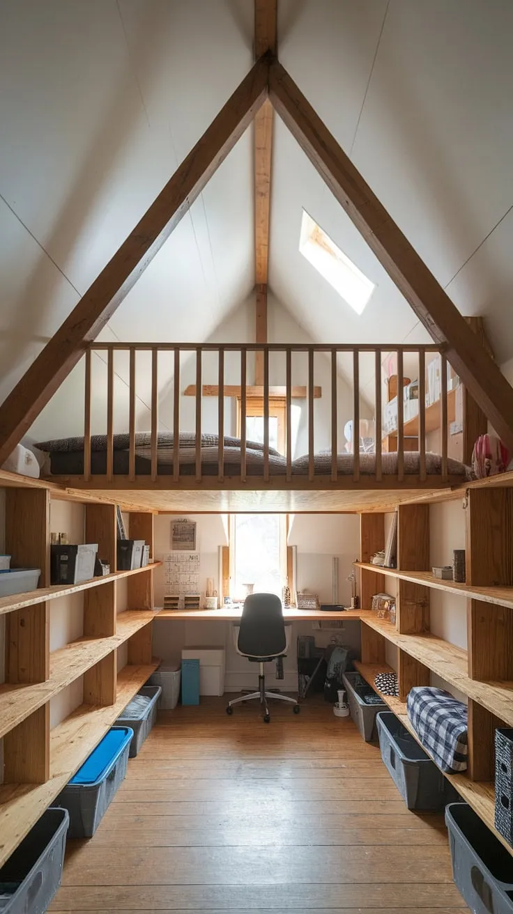 This attic bedroom proves that maximizing attic space is an art form.  Clever attic shelving, space-saving storage solutions like the loft bed, and under-eave storage create a functional and stylish retreat.  Brilliant attic storage ideas, including the use of storage bins for attic and bedroom storage furniture, transform this once-wasted space into a haven of attic organization.  The result?  Abundant bedroom storage options and creative attic storage that's both beautiful and practical.