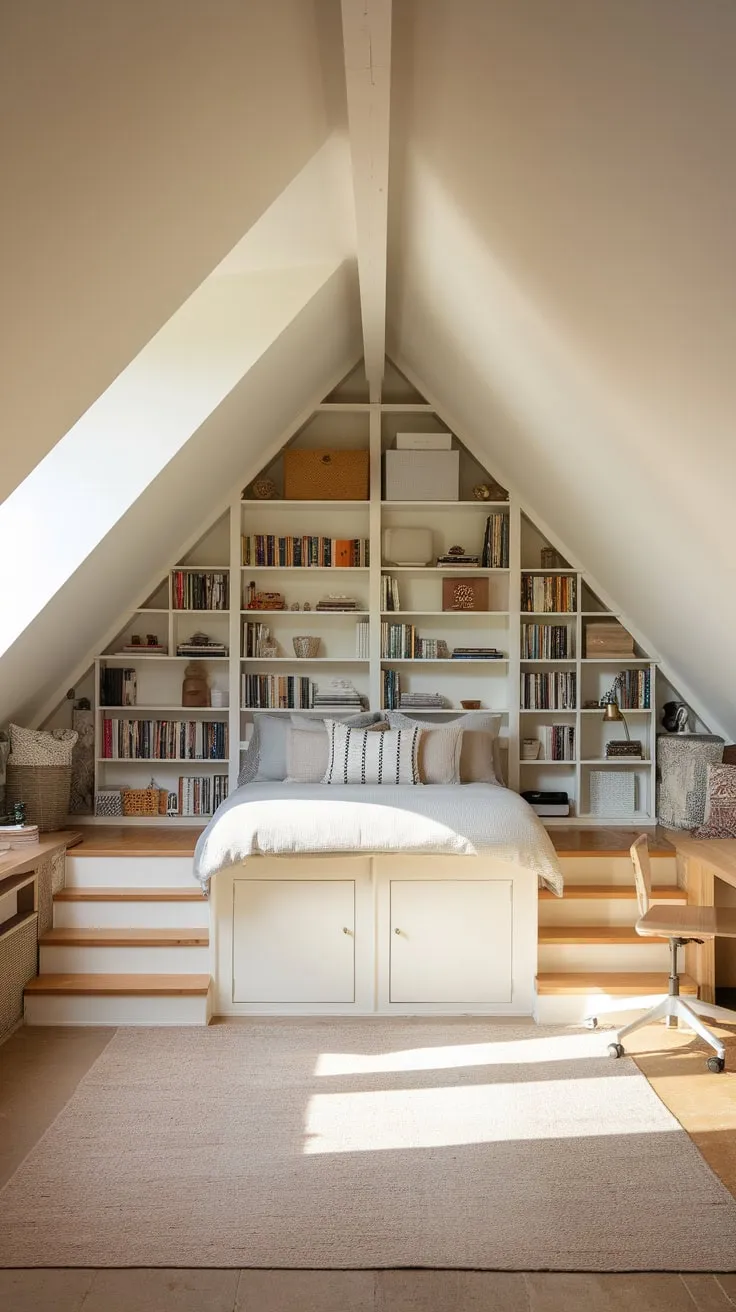Step into your attic bedroom, a stylish and functional haven where ingenious storage solutions transform the space into a warm and welcoming retreat.