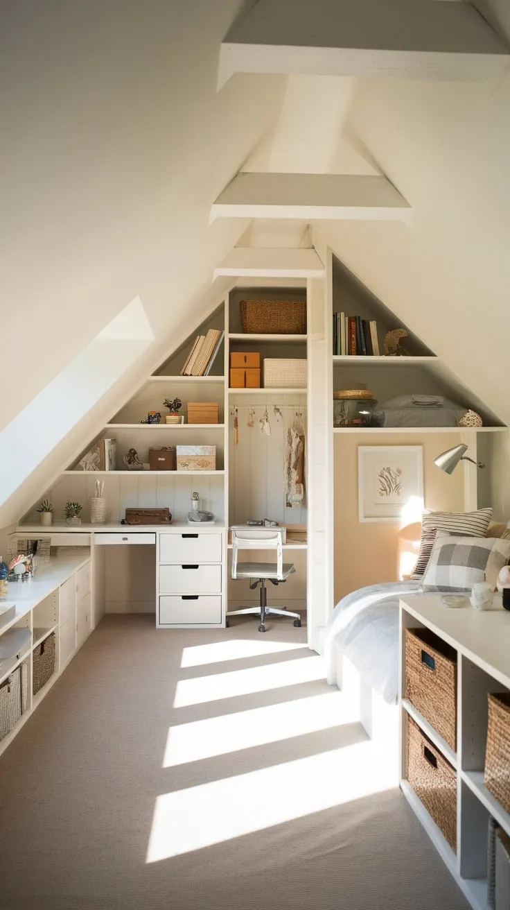 Ascend to your attic sanctuary, a masterclass in space optimization where clever storage melts seamlessly into the design, and a comforting warmth envelops you, fostering an environment ripe for both tranquil unwinding and inspired creation.