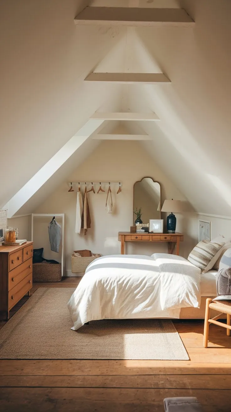 This beautifully designed attic bedroom combines a neutral color palette with clever attic bedroom storage solutions, creating a serene and inviting retreat.