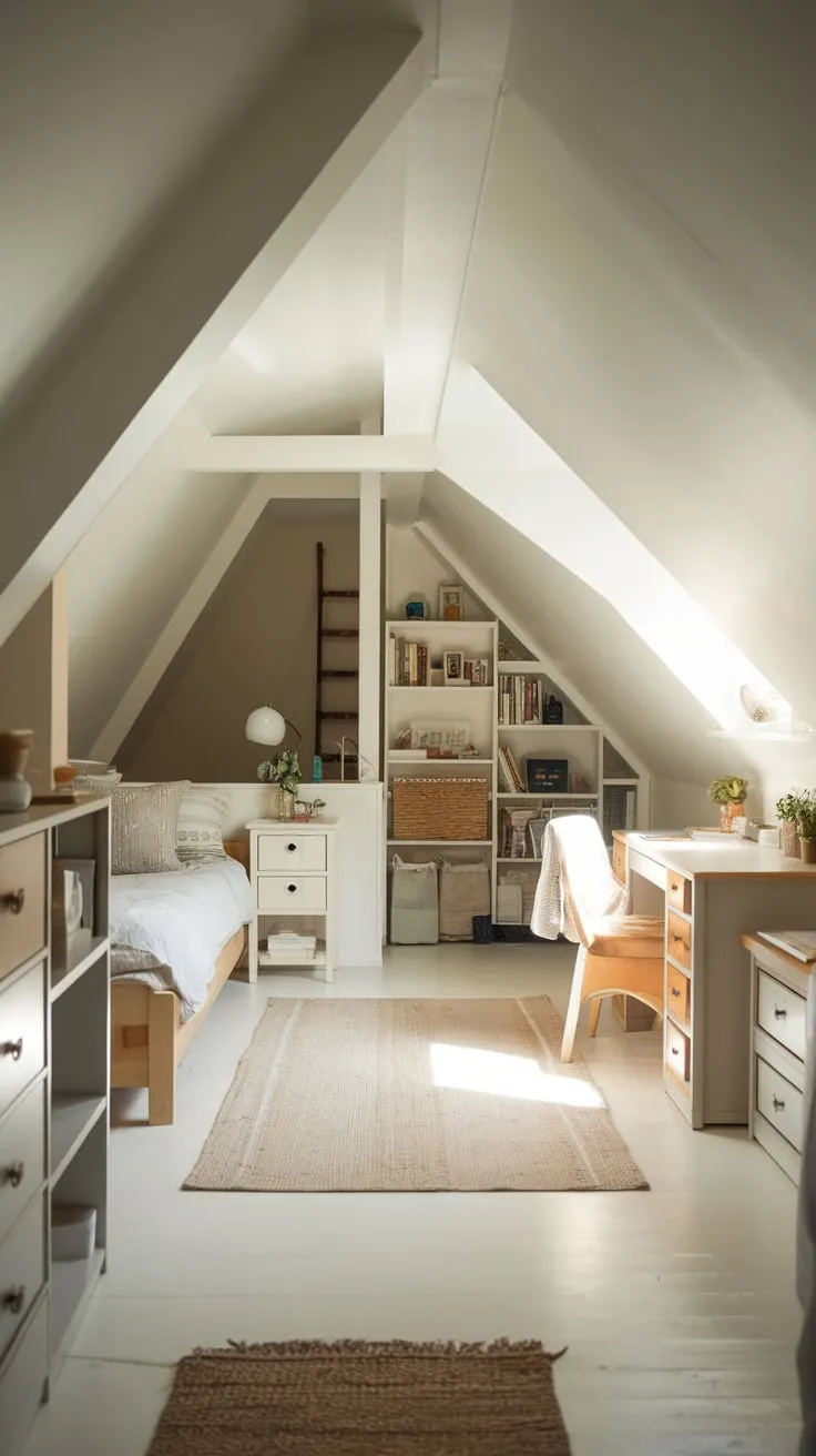 Imagine escaping to this attic bedroom, a masterclass in maximizing space; you'll find yourself enveloped in a cozy atmosphere, the ingenious wooden drawers offering ample storage while contributing to the room's overall sense of peaceful order.