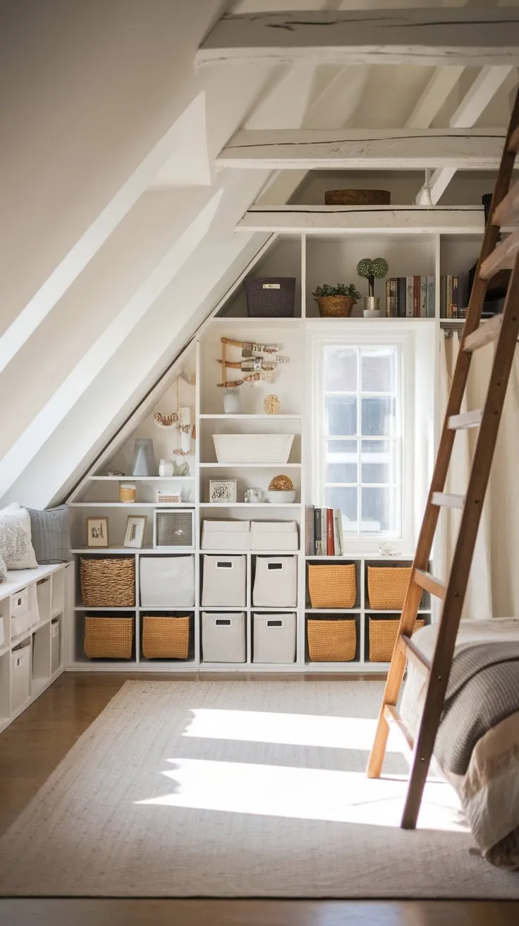 Step into your attic bedroom, a masterclass in maximizing space, where clever storage solutions dance harmoniously with the room's inherent rustic character, transforming it into the ultimate sanctuary for unwinding and igniting your imagination.