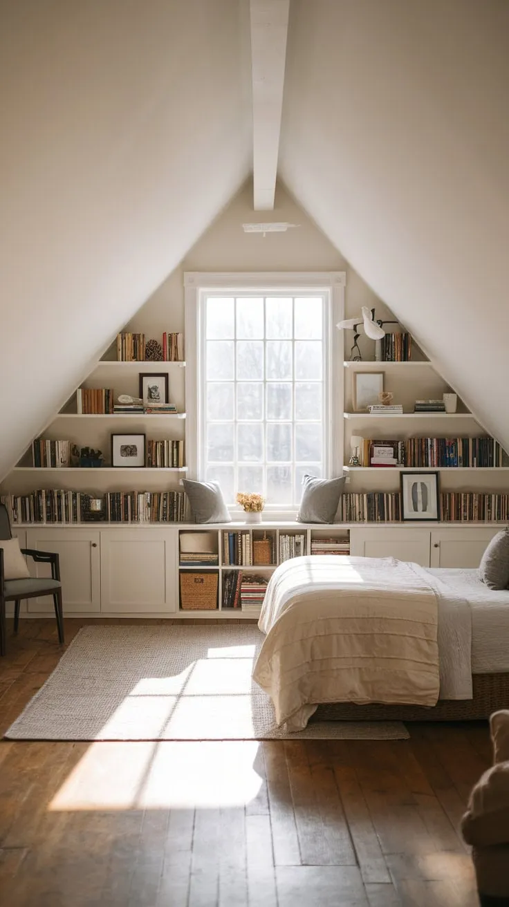 Step into this attic bedroom, a haven where a calming neutral palette meets ingenious storage, transforming the space into your personal sanctuary for relaxation and boundless inspiration.