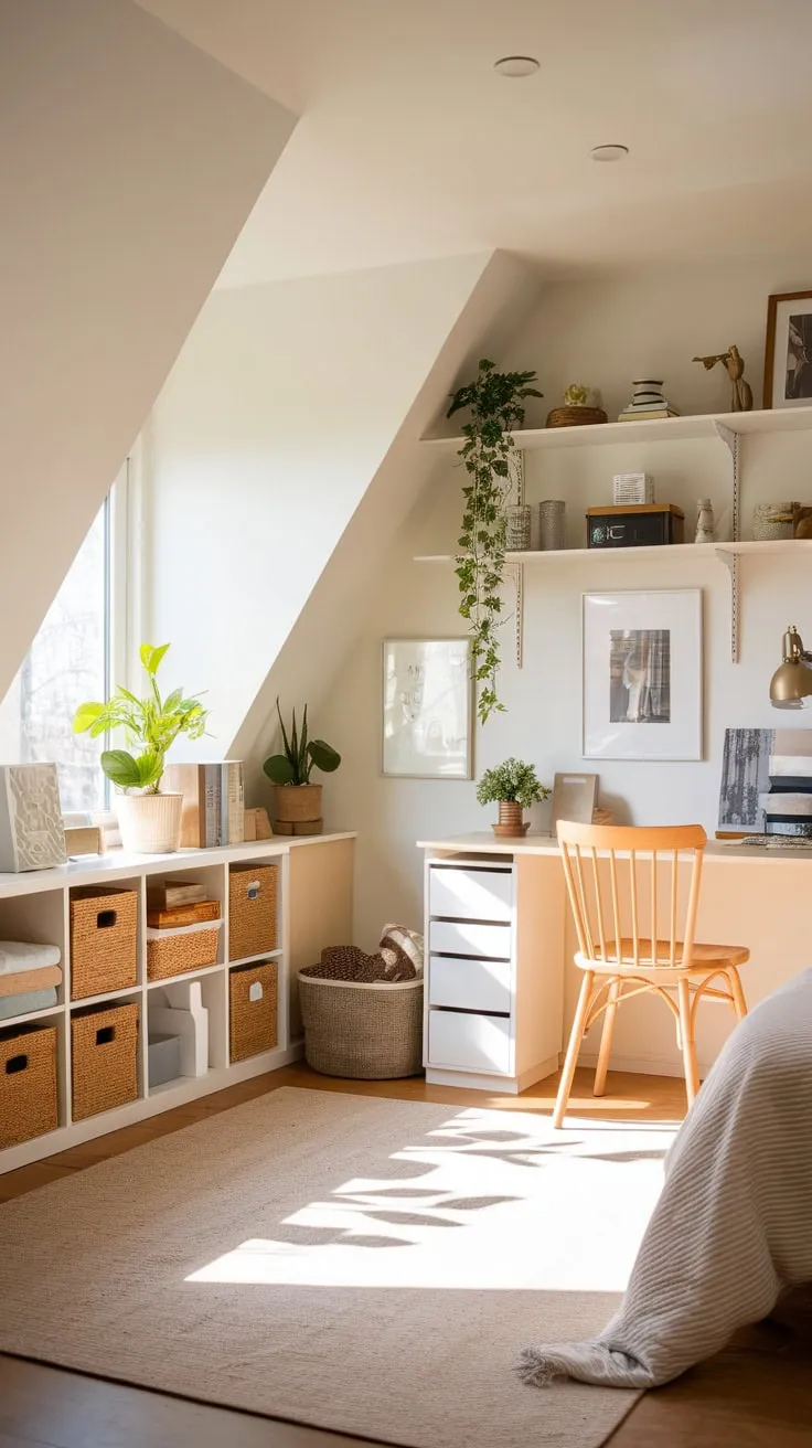 Imagine escaping to this beautifully crafted attic bedroom. Here, form and function intertwine effortlessly, showcasing ingenious storage that unlocks the potential of the space while enveloping you in a cozy, inviting embrace.