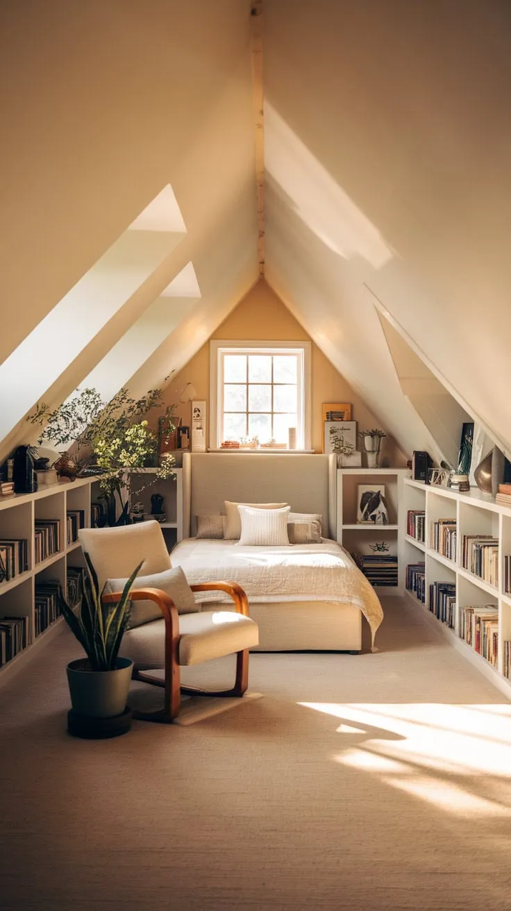 This attic bedroom, with its clever storage solutions and inviting neutral tones, offers a perfect blend of comfort and style.