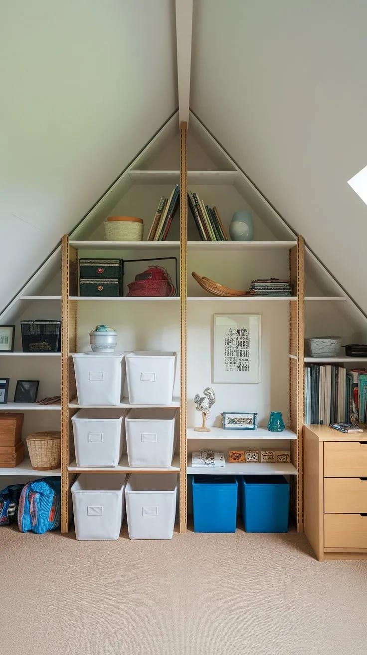 This attic bedroom proves that maximizing attic space doesn't mean sacrificing style.  Clever attic storage solutions, like the custom attic shelving and space-saving storage bins, create a functional and charming retreat.  Brilliant attic organization and under-eave storage ideas transform this sloped-ceiling space into a haven, showcasing creative attic storage and smart bedroom storage options.  The bedroom storage furniture complements the overall aesthetic, offering a perfect blend of functionality and design.  This is attic space utilization at its finest, demonstrating the best in attic bedroom storage and attic closet organization.