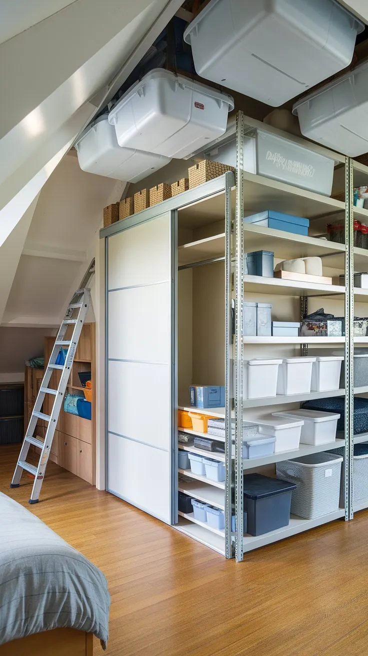 Transforming a forgotten attic into a dreamy bedroom?  This attic bedroom storage setup is the perfect inspiration!  With attic shelving, storage bins for attic, and smart attic closet organization, this room masters space-saving storage.  Explore these bedroom storage ideas and attic storage solutions for maximizing attic space and discover the possibilities of under-eave storage and creative attic storage.  The result?  Efficient bedroom storage options and a beautiful attic space utilization.