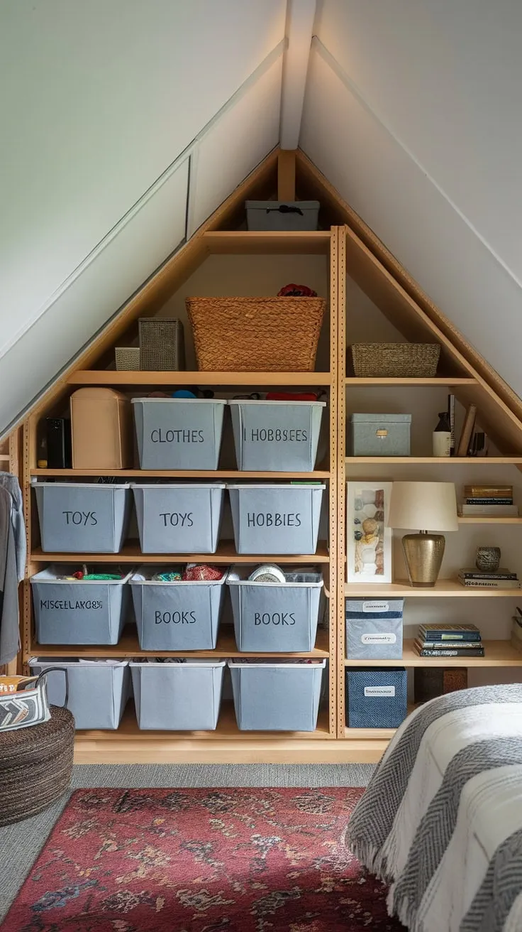 Maximize your attic's potential with this inspiring attic organization system.  Clever attic storage ideas, like the under-eave storage and custom attic shelving, create a surprisingly spacious and functional bedroom storage solution.  Labeled storage bins for hobbies, books, and miscellaneous items, combined with the dedicated attic closet organization, offer space-saving storage and efficient attic space utilization.  This bedroom storage furniture and attic storage ideas showcase the power of creative attic storage in transforming a forgotten space into a beautifully organized haven.
