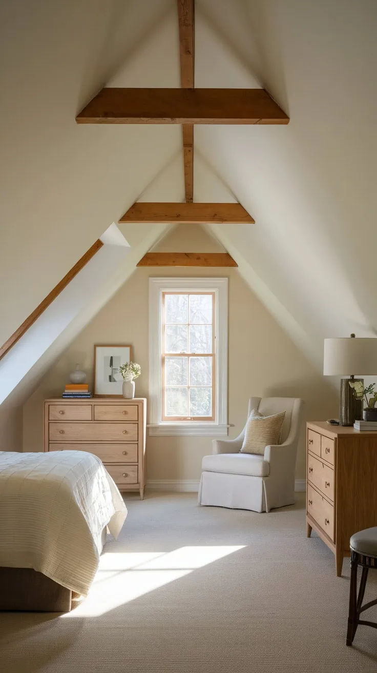 This attic bedroom with angled ceilings beautifully combines warmth and simplicity, creating a serene retreat that invites relaxation and comfort.