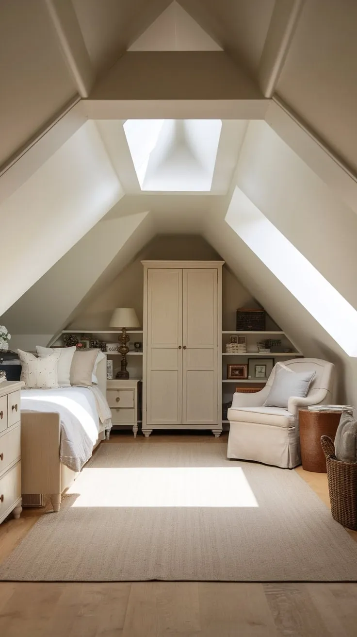 Ascend the stairs and discover your attic bedroom, a sanctuary where the quirky angles of the roofline become a design statement, seamlessly merging luxurious comfort with sophisticated style, crafting an inviting escape that manages to be both breathtakingly airy and deeply personal.