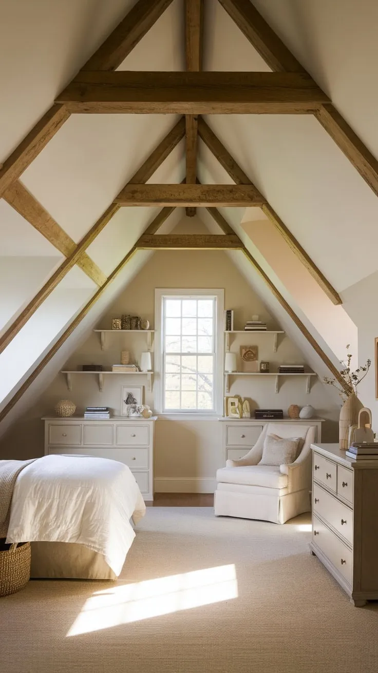 This attic bedroom with angled ceilings exudes warmth and charm, making it the perfect retreat for relaxation and creativity.