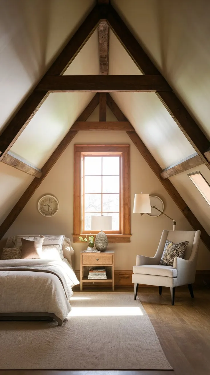 This attic bedroom with angled ceilings exudes a warm and inviting charm, perfectly blending rustic wooden beams with a soothing neutral palette for a truly cozy retreat.