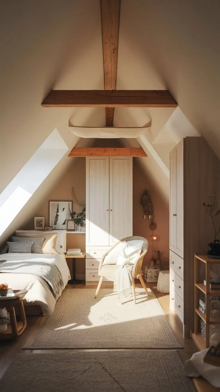 The attic bedroom, with its charmingly angled ceilings, wraps you in a comforting embrace of warmth and understated elegance, a sanctuary that somehow manages to feel both expansive and deeply personal, beckoning you to unwind and escape.