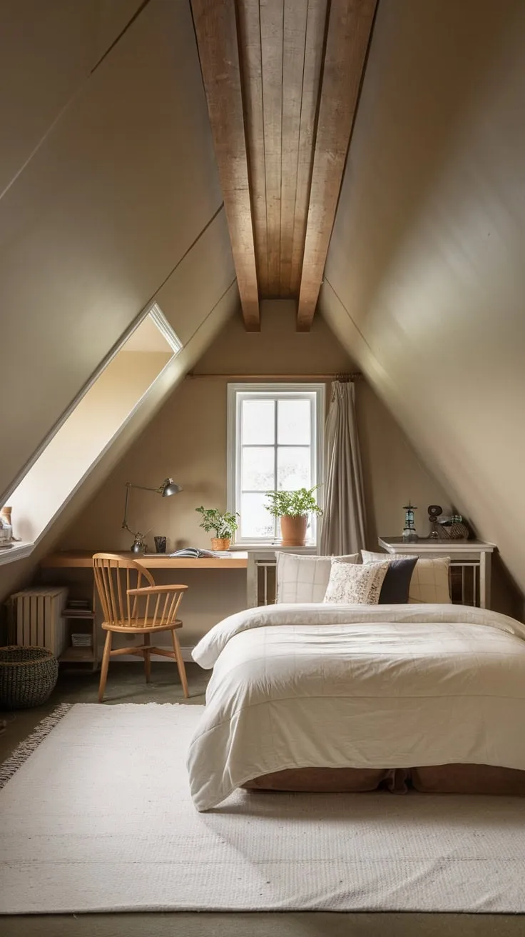 Beneath the eaves, your attic bedroom whispers a welcome, its angled ceilings a comforting embrace; the space is a masterclass in understated elegance, where warmth and simplicity intertwine to craft an inviting sanctuary, beckoning you to unwind and unleash your imagination.
