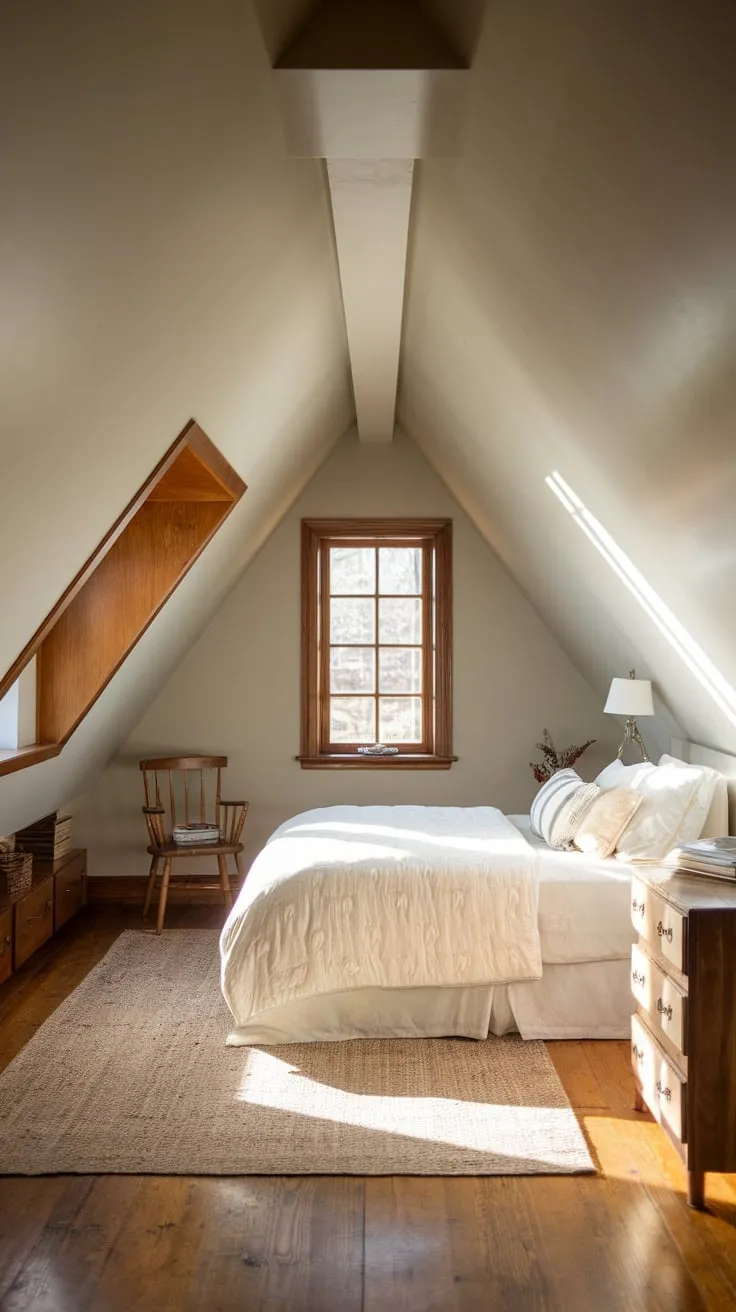 This attic bedroom with angled ceilings exudes warmth and comfort, making it the perfect retreat for relaxation and restful nights.