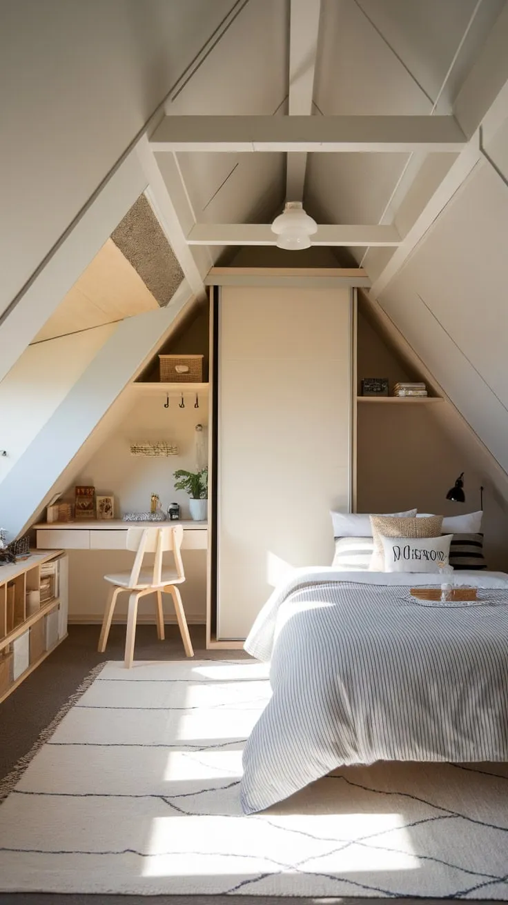 Sunlight streams through the dormer windows of your attic sanctuary, where the architecture itself—those charmingly angled ceilings—seamlessly marries cozy comfort with sophisticated style, beckoning you to unwind and let your imagination soar.