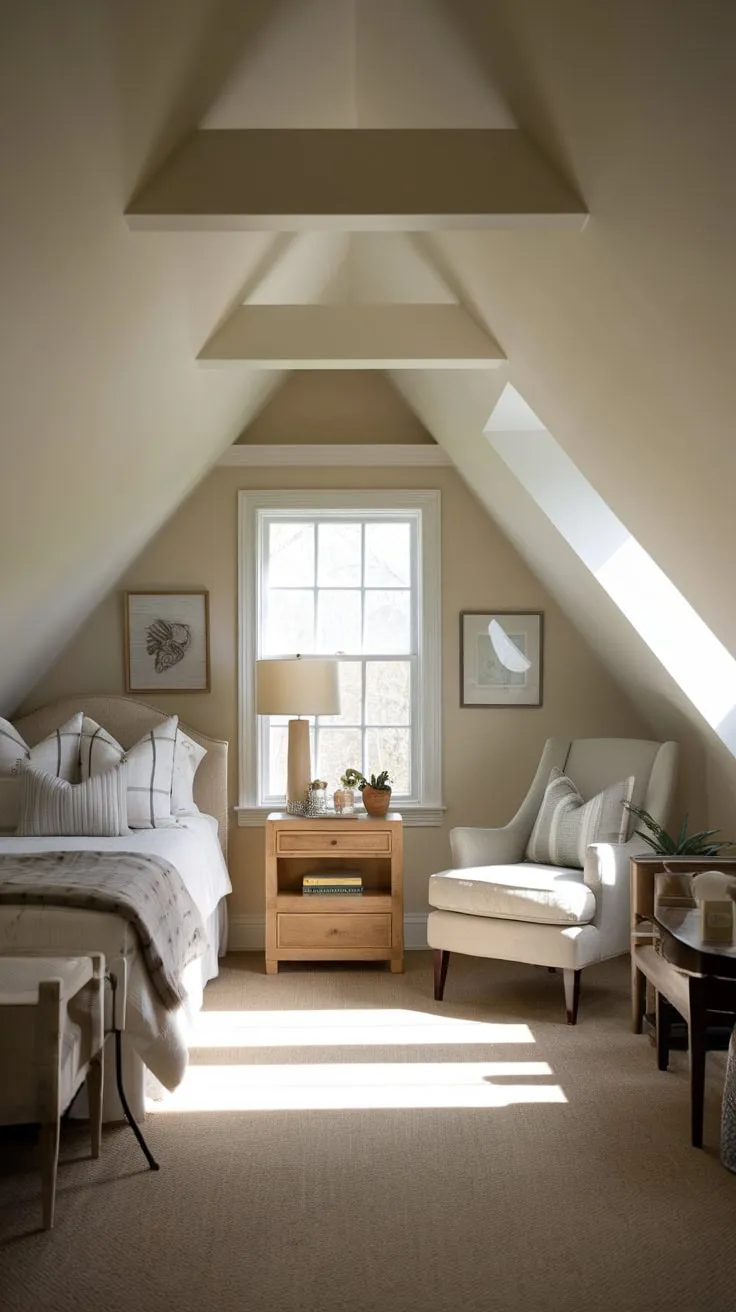 The attic bedroom, with its quirky angles and soft light, feels like a secret hideaway built just for you, a haven where the world outside fades away and only comfort and tranquility remain.