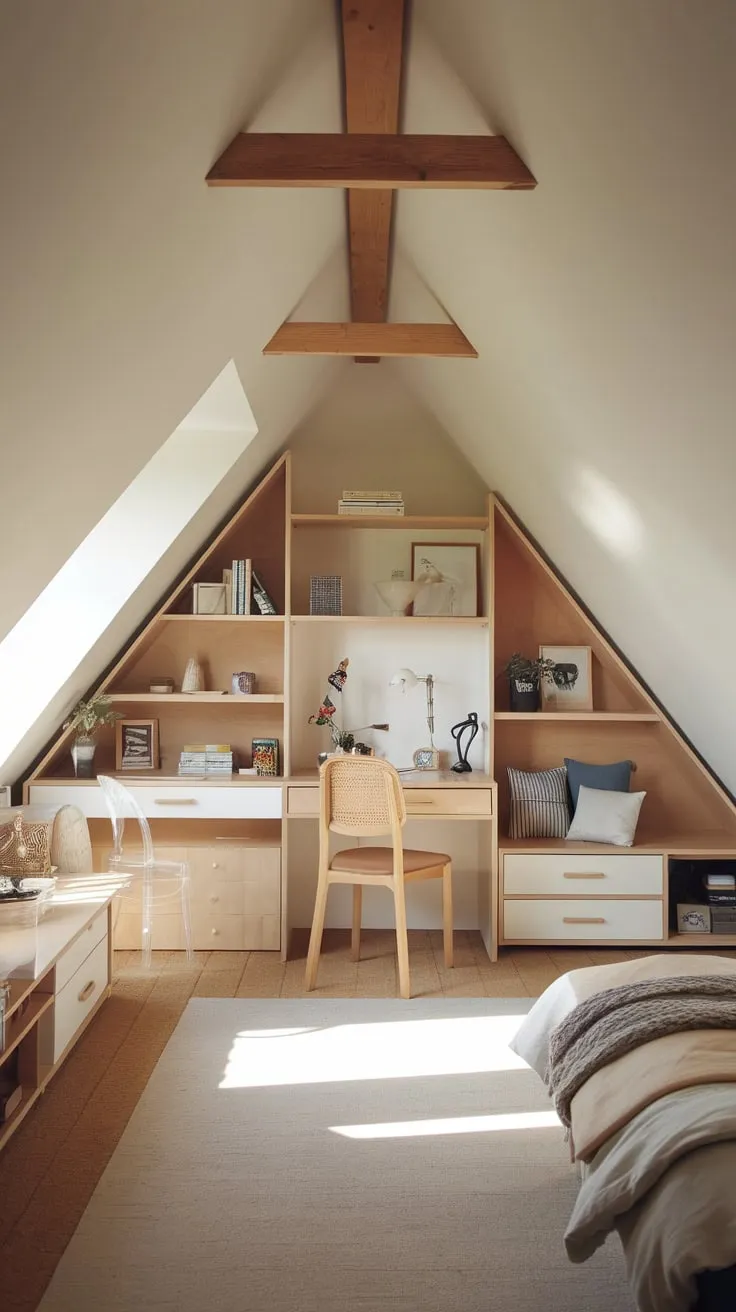 Sunlight streams through the dormer window of your attic bedroom, the sloped ceilings embracing you in a cozy warmth that's effortlessly simple, a haven where relaxation and inspiration dance together.