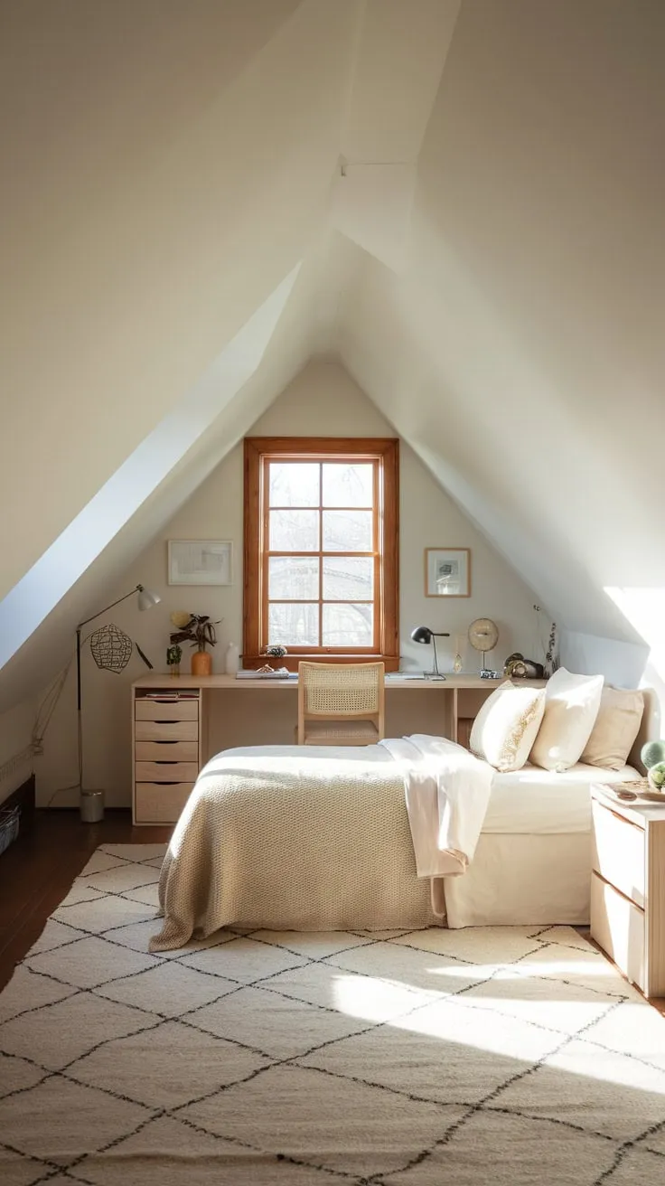 Sunlight streams through the dormer windows of your attic sanctuary, where the architecture itself—those charmingly angled ceilings—seamlessly marries cozy comfort with sophisticated style, beckoning you to unwind and let your imagination soar.