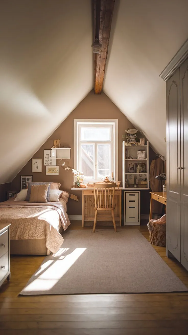 Sunlight streams through the dormer window, painting the angled ceiling of your attic bedroom in a honeyed glow, a space where comfort and style dance together in a symphony of thoughtfully chosen neutrals, wrapping you in a warm, inviting embrace.