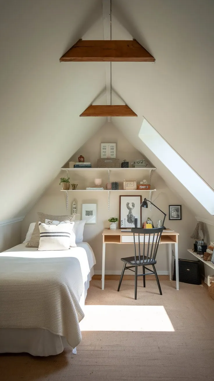 This attic bedroom with angled ceilings perfectly blends comfort and style, creating an inviting retreat that maximizes both space and tranquility.