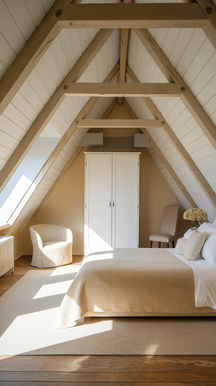 Beneath the sloping eaves of your attic bedroom, a sense of calm washes over you. The gentle embrace of neutral hues and the grounding presence of natural elements conspire to create a tranquil haven, a space where the world outside simply melts away.