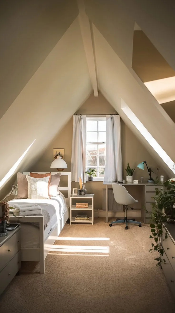 This attic bedroom with angled ceilings exudes a serene charm, perfectly blending comfort and style with its neutral palette and thoughtful arrangement.