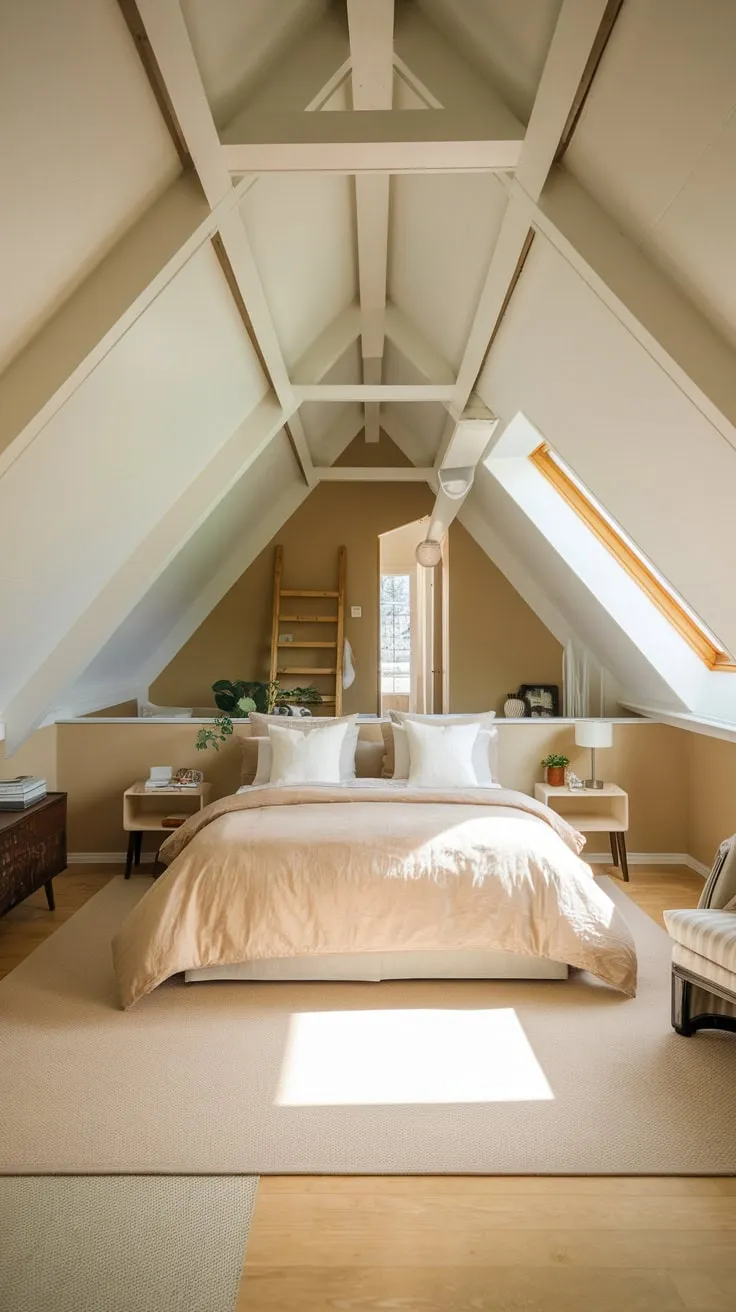 The sloping eaves of your attic bedroom embrace you like a comforting hug, the thoughtfully curated space a testament to your personal style, where comfort and chic effortlessly intertwine, creating an inviting haven you'll never want to leave.