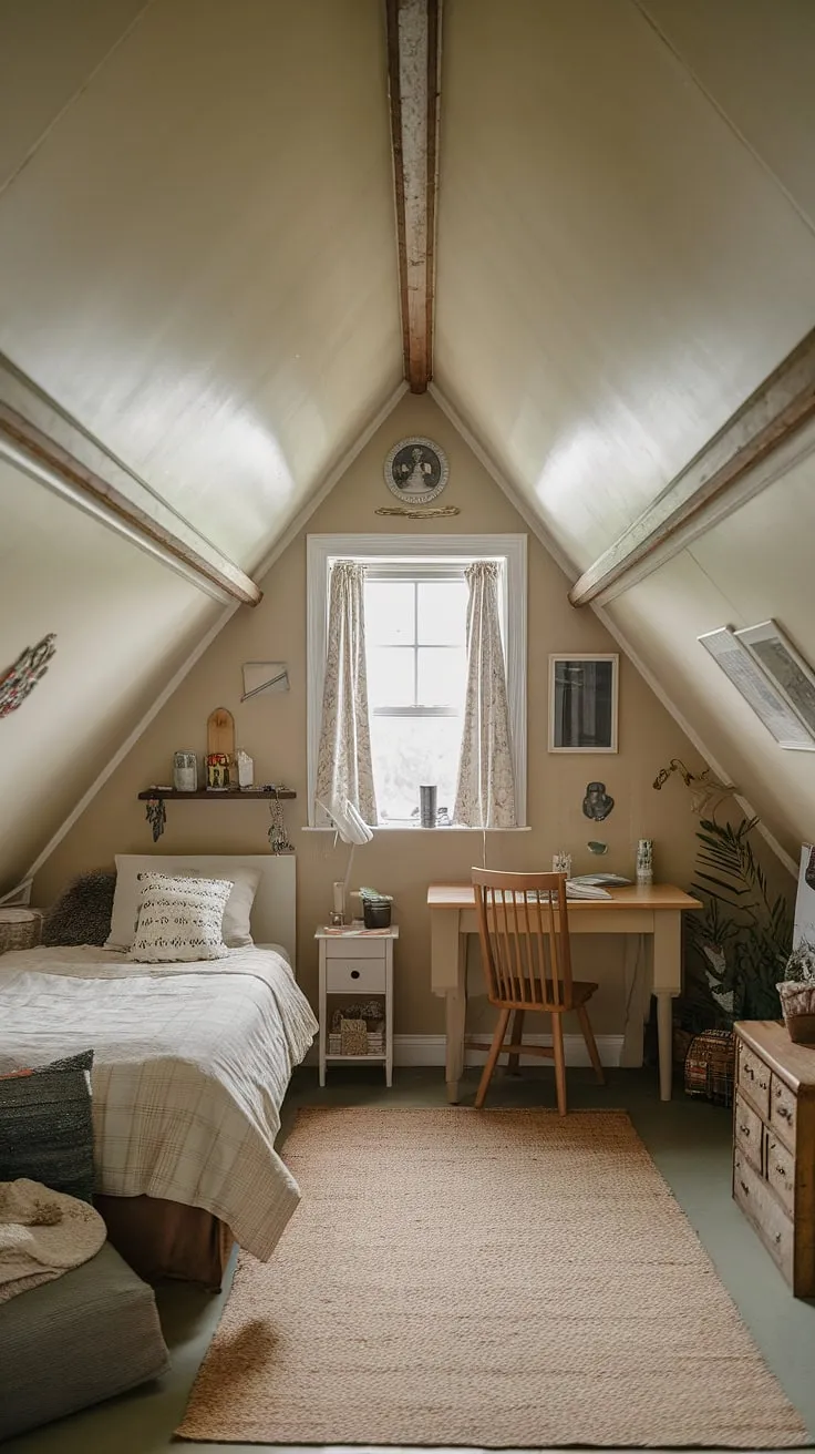 This cozy attic bedroom, a testament to clever attic renovation, maximizes the attic space with its unique bedroom design.  Angled ceilings and sloped ceilings add character to this small attic room, while the dormer bedroom window floods the loft bedroom with natural light.  Smart attic storage solutions keep the attic living space feeling open and airy.  The angled roof bedroom is a perfect blend of comfort and functionality.