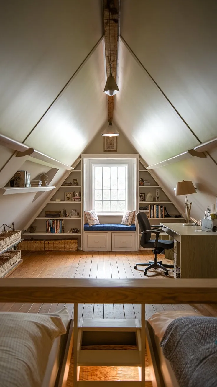 Discover the magic of this small attic room, a delightful blend of attic design and cozy attic living.  The angled ceilings and sloped ceilings create a unique character, while the built-in shelves and dormer window transform this attic space into a functional and inviting loft bedroom.  This attic bedroom, a result of thoughtful attic renovation, proves that even limited space can be maximized for comfortable attic living.  The unique bedroom design showcases the potential of a bedroom under eaves.