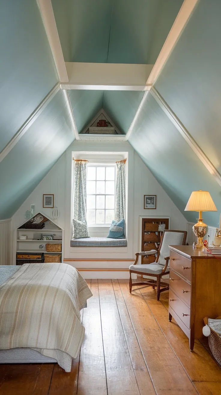 This cozy attic bedroom, with its angled ceilings and sloped roof, is a testament to clever attic design.  The dormer window, small attic room, and attic storage maximize space in this unique bedroom design, creating a charming loft bedroom and attic living space perfect for quiet contemplation. The attic renovation transformed this small attic room under eaves into a delightful bedroom under eaves.