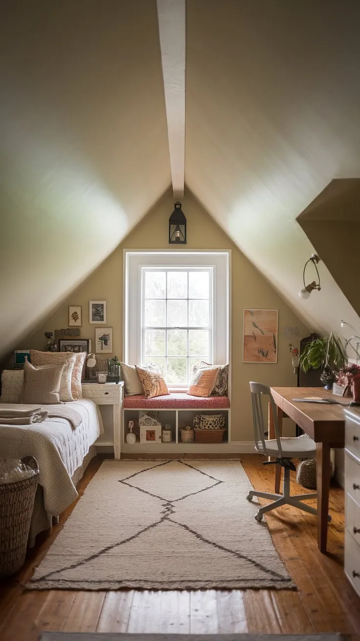 Discover the magic of this loft bedroom, nestled under angled roof bedroom ceilings. This dormer bedroom boasts a unique charm, transforming the attic space into a cozy attic retreat.  The bedroom under eaves design cleverly incorporates attic storage, showcasing smart attic design and attic living space solutions.  A small attic room with big personality, this attic bedroom is a dream come true.