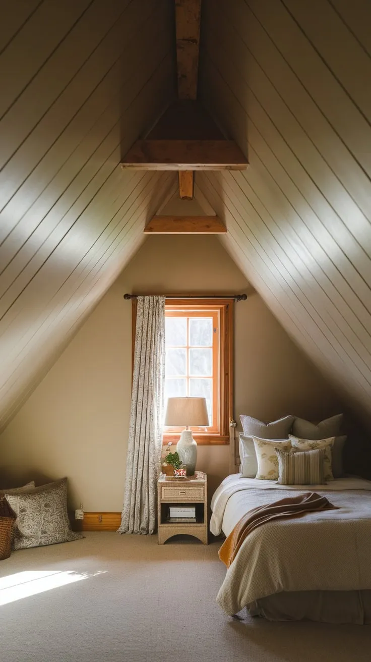 This attic bedroom with angled ceilings exudes warmth and tranquility, making it the perfect retreat for relaxation and restful nights.