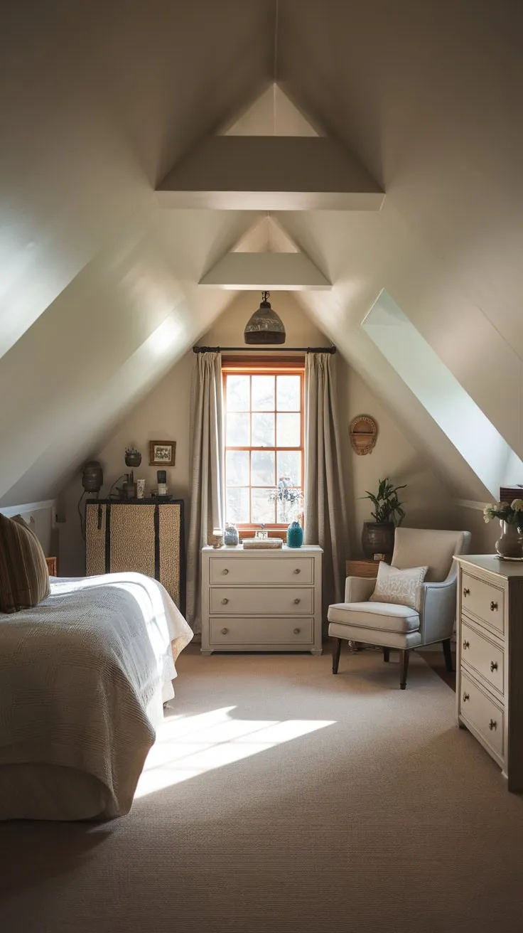 Sunlight streams through the dormer window of your attic bedroom, painting the sloped walls in a honeyed glow, wrapping you in a cozy embrace that whispers of peaceful afternoons and quiet contemplation.
