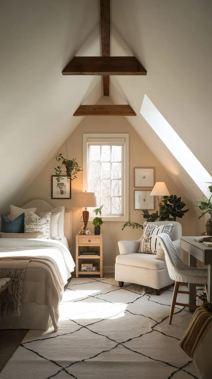 Sunlight streams through the dormer windows of your attic bedroom, where the sloping ceilings embrace you in a cozy haven, a stylish sanctuary designed to spark both peaceful contemplation and boundless inspiration.