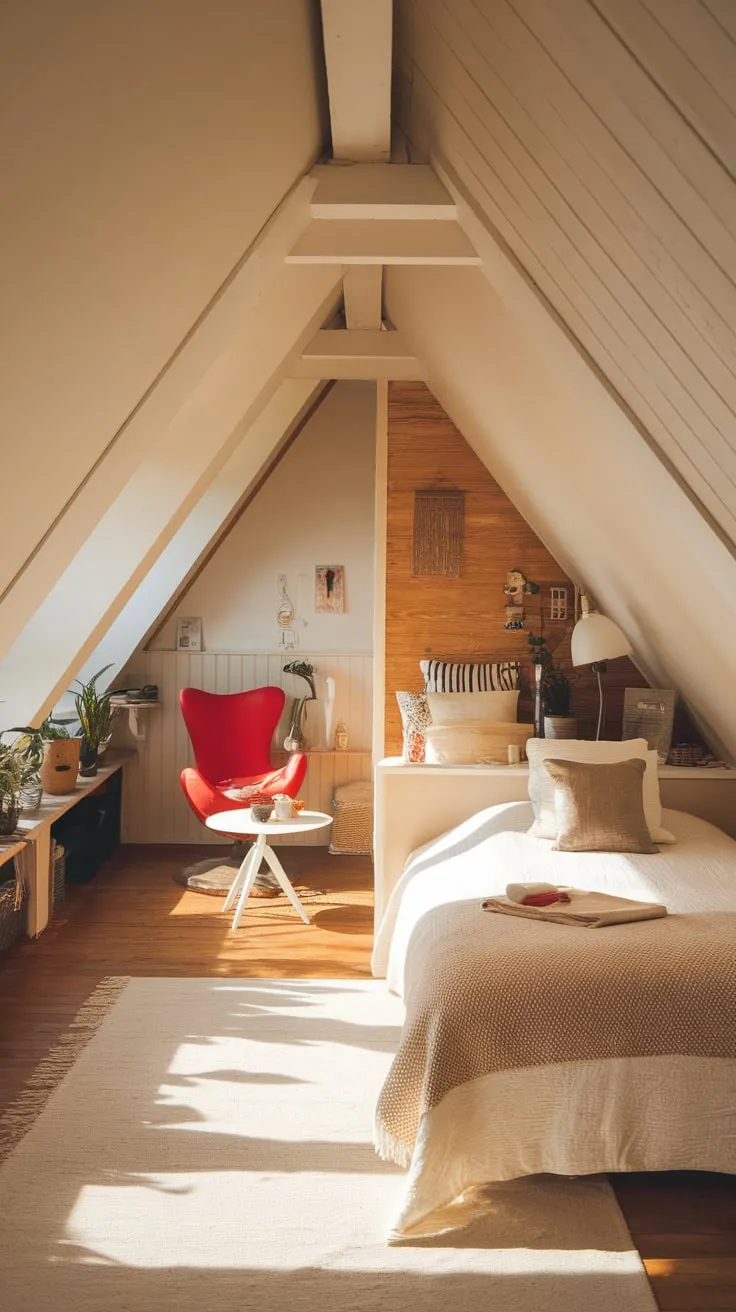 Beneath the eaves, your attic bedroom is a haven where warmth and style dance together, crafting an inviting retreat that wraps you in comfort and undeniable charm.