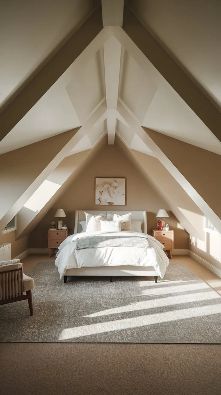 Sunlight streams through the dormer windows of your attic bedroom, where the sloping ceilings embrace a minimalist aesthetic infused with subtle elegance, transforming the space into a tranquil haven that beckons you to unwind and find solace.