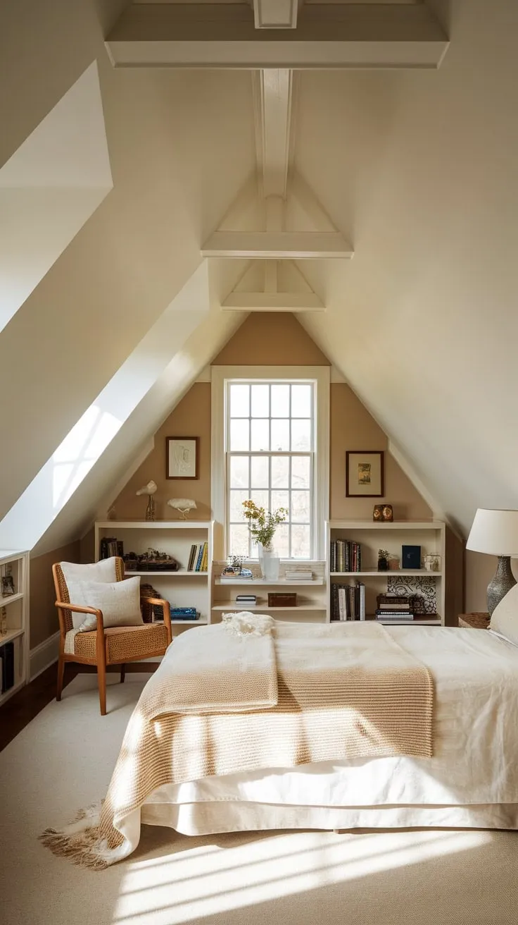 Beneath the sloping eaves of your attic haven, a sense of cozy intimacy settles around you, the unique architecture sparking creativity while the soft light invites you to unwind and escape the world below.
