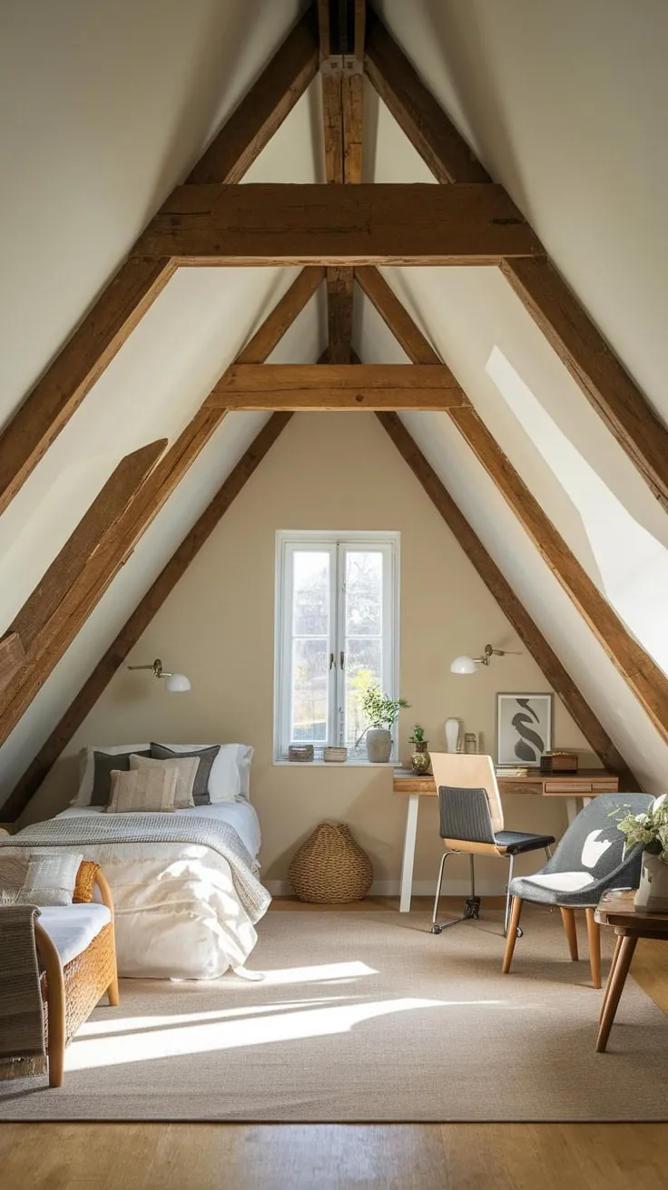 This attic bedroom with angled ceilings beautifully combines warmth and simplicity, creating an inviting retreat that feels both spacious and intimate.