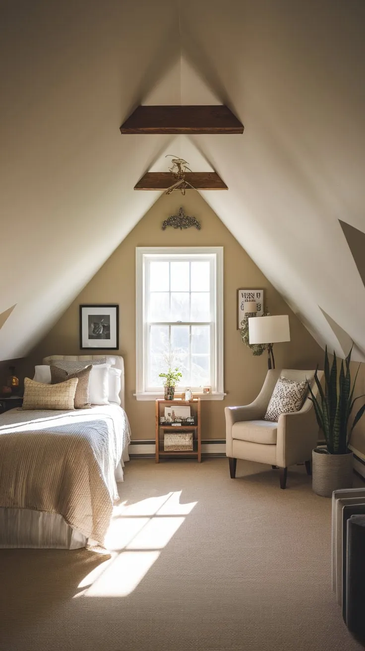 Ascend the stairs and discover your attic sanctuary, where the sloping eaves whisper tales of cozy nights and the artful arrangement of furniture transforms the space into a haven of serene charm, a testament to the seamless blend of comfort and style you've cultivated.